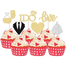 24 piezas de decoración para cupcakes de boda, decoración de corazón, decoración para novia, boda, compromiso, despedida de soltera, suministros de despedida de soltera, color dorado
