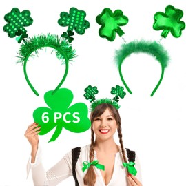 Partywind 6 PCS Green Shamrock Headbands, St Patrick's Day Accessories for Women Girls, Glitter St Patrick's Day Decorations Party Supplies Favors, Cute Saint Patricks Irish Costume for Adults and