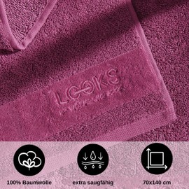LOOKS By Wolfgang Joop Bath Towel, 70 x 140 cm, 100% Cotton, Luxury Hand Towel with Hanger and Embroidered Logo, Purple