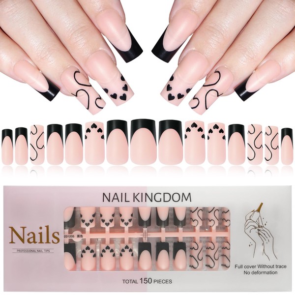 EternalClassic Black French Tip Press on Nails Long Square, Matte