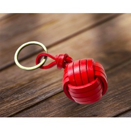 BLUECHOLON Ball Lanyard or Leather Keychain, Braided Ball Shaped Keychain, Car Motorcycle Keyring, Leather Large Red, One size