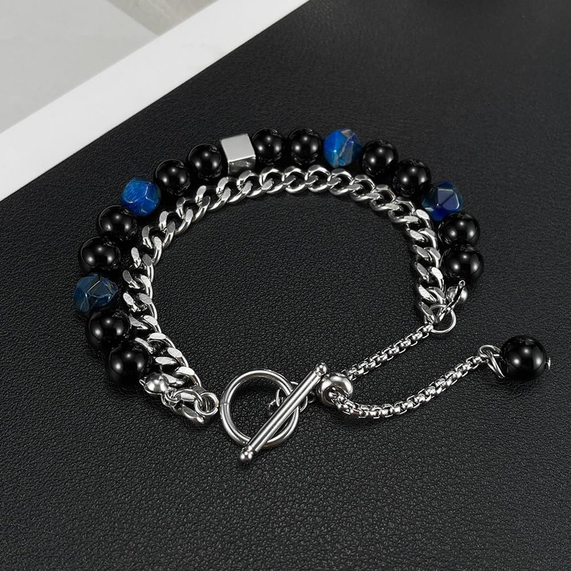 Rockyu Men's Bracelet, Stylish, Double Chain, Stainless Steel, Natural Stone,