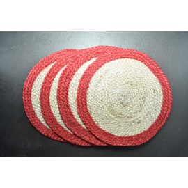 Ripaz Vogue - Round Placemats Natural Jute Fiber Handmade Rustic Look Table Top, Jute Placemats for Dining Table Coffee Table (Beige with Red Border, 30 x 30 cm (Set of 4 Pcs))