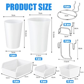 Roowest 60 Pcs Pegboard Cups Pegboard Bins Set, Wall Organizer with Hooks and Loops, Hooks Assortment Organizer Accessory for Office Storage Garage Craft Workshop(White)