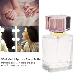 50ml Empty Glass Perfume Bottle, Refillable Atomizer Spray Bottle, Transparent Square Bottles with Mist Pump, Portable for Travel, Essential Oils, Aftershave, Cologne(pink)