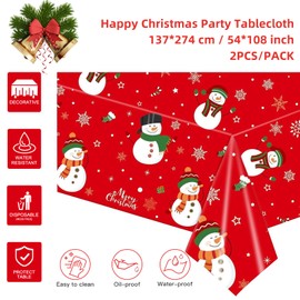 Wentsent 4Pcs Christmas Tablecloth, 137x274cm Red Large Plastic Rectangle Elk Snowman Xmas Tree Party Table Covers Xmas Dinner Tablecovers for Winter Holiday Christmas Tableware Decorations