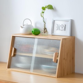 Tiita Small Kitchen Pantry Cabinet, Bamboo Sideboard with Glass Doors, Cupboard Food Pantry Cabinet for Kitchen, Living Room and Dinning Bedroom