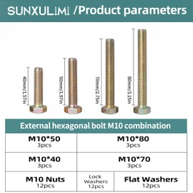 M10 x 40mm 50mm 70mm 80mm Hex Head Bolts Screws, Nuts, Flat & Lock Washers, 8.8 Grade Alloy Steel, Machine Fully Thread, Galvanize, Assortment Kit 48PCS