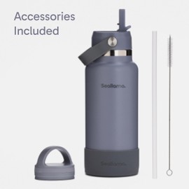Seallama. Stainless Steel Wide Mouth Water Bottle - 2 Lids (Flex Straw Lid) and Double-Wall Vacuum Insulation - Leak Proof, BPA-Free, for Travel, Sports, School, and Car (Stormy Granite, 32 oz)
