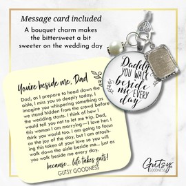 Wedding Bouquet Charm Memorial Daddy You Walk Beside Me Every Day 1 Photo Frame White Glass Silvertone Pendant Jewelry Something White Bead Loving Memory of Father Bridal Flowers DIY Picture Template