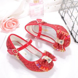 BFOEL Girls Princess Shoes Mary Jane Low Heel Glitter Flats for Toddler Little Kid (1M Little Kid,red 34)