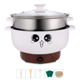 2.8L (with Lid and Steamer) 4-IN-1 Multifunction Electric Cooker Skillet Grill Pot Wok Electric Hot Pot for Noodles Cook Rice Fried Stew Soup Steamed Fish Boiled Egg Non-stick