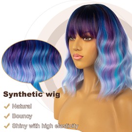 LANCAINI Colourful Short Bob Wigs with Bangs for Women Loose Wavy Wig Curly Wavy Shoulder Length Bob Synthetic Cosplay Wig for Girl Colorful Costume Wigs (Colourful-1)