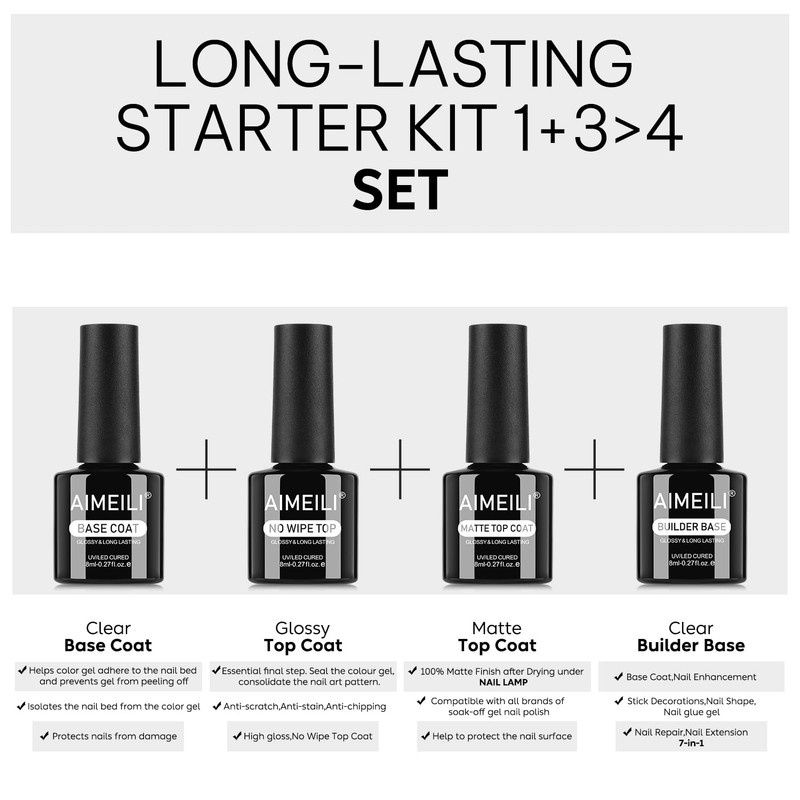 AIMEILI Builder Gel Top Coat Base Coat 4 x 8ml