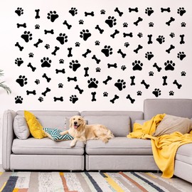 Set of 76 Dog Decor Stickers Dog Paw Decal Paw Print Sticker Dog Bones Stickers Dog Room Decor Removable Vinyl DIY Art Animal Footprint Mural for Kid Nursery Bedroom