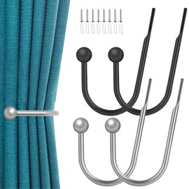 2 Pairs/4 Pcs Curtain Tie Backs Hooks, Metal Curtain Holdbacks Black Silver Metal Tie backs for Curtains Tie Backs Hooks, Window Curtains Holder Tiebacks Wall Mounted, for Home Decor or Hanging