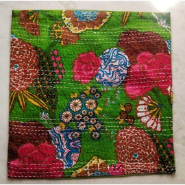 Indian Handmade Cotton Kantha Lime Green Fruit Print Threads Work Cushion Cover Throw Pillow Cases Decorative Pillows Cover Bohemian 16x16 Inches