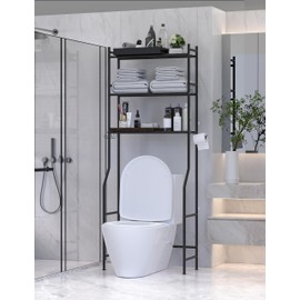 GloTika 3-Tier Over The Toilet Storage, Space Saver Metal Bathroom Shelves, Freestanding Above Over Toilet Storage Shelf with 4 Hooks for Bathroom, Black