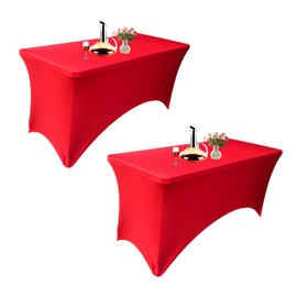 Yoquare 2 Pack Thick Red 5FT Streych Spandex Table Cover - for Rectagular Fitted Folding Tables-Wrinkle Resistant Fitted Table Cloth - for Parties，Banquet，Wedding and Festival