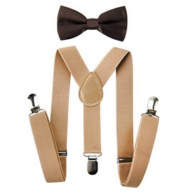 axy Children's Beige Braces Y Shape with Bow Tie 3 Clips Extra Strong, Beige Braces + Dark Brown Bow Tie