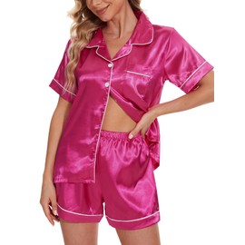 MyFav Pyjamas Sets for Women Satin Silk Short Sleeve Button Down Top and Shorts Pjs Sleepwear 2 Piece Lounge Set,Rose,M