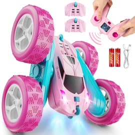 QUNREDA RC Cars, Pink Remote Control Car for Girls, 2.4 GHZ Double Sided RC Stunt Car 360° Rotating Remote Control Crawler with Headlights Car Toys for 6 7 8 9 10 11 12 Girls Birthday Gift