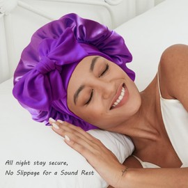 Satin Bonnet Silk Bonnet for Sleeping Women Hair Bonnet for Curly Hair Head Wrap Scarf Night Sleep Cap Bonnets for Black Woman Hair Accessories for Women Men Girls with Elastic Tie Band(Purple)