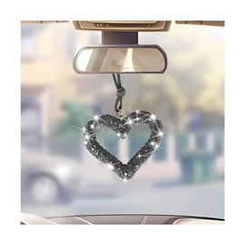 Mandark Bling Heart Car Hanging Accessories, Crystal Rhinestone Vehicle Rear View Mirror Charm Pendant Ornaments, Cute Diamond Auto Interior Hanger Decoration for Women Girls（Light Black）