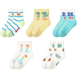 Heyjoin 5 pairs Kids Cartoon Socks Cotton Crew Socks Cute Animal Pattern Athletic Socks for 1-12 Years (Colorful Summer XL)