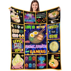 Aipon Anime Ramen Gaming Gamer Blanket 50"x 60", Anime Ramen Lover Gaming Gamer Gifts for Boys Kids Men, Funny Food Game Controller Blankets, Soft Cozy Lightweight Throw Blanket for Girls Women