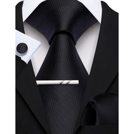 YOHOWA Black Zipper Ties for Men Solid Pre-Tied Tie with Tie Clip Extra Long Adjustable Necktie Pocket Square Cufflinks Set