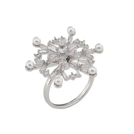 Spinner CZ Pearl Snowflake Fidget Statement Ring for Women - Dainty Crystal Winter Flower Rotated Relief Anxiety Finger Band Adjustable Open Wedding Engagement Promise Rings Delicate Christmas Jewelry
