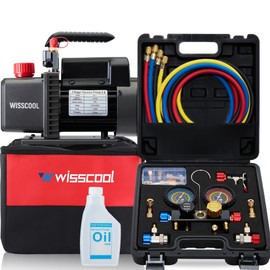 Wisscool 4.5cfm AC Vacuum Pump 4 Way Gauge Set, 110V 1/4 hp HVAC Air Vacuum Pump Manifold Gauge Kit with 4 Hoses Adapters Accessories Carry Bag for R410a R134a R22 Refrigeration Recharging