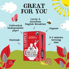 Clipper Fairtrade Organic English Breakfast Tea Bags | Black Tea Bags | Natural, Unbleached, Plant-Based Biodegradable & Sustainable Teabags | Eco Conscious, Non GM & Fair Trade Tea (40 Teabags)