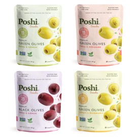 Poshi Natural Whole Pitted Olives | 24 Pack Variety | Basil & Garlic, Chili & Oregano, Chili + Garlic, Lemon & Rosemary | Vegan, Kosher, Gluten Free + Keto Friendly Healthy Snacks, 1.1 Oz (Pack of 24)