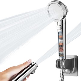 HANLIAN On/Off Pause Camper Shower Head with Filters, Detachable Shower Head with Filter, High Pressure RV Shower Head with Hose and Self-adhesive Bracket, Shower Envy Filtered Shower Head (Chrome)