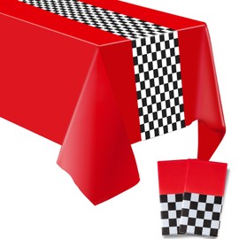 Giloner 2PCS Race Car Birthday Party Decorations, Red and White Checkered Tablecloth Race Car Table Cloth for Kids Boys Car Themed Party Table Decorations. 54 X 108 Inch(Red) (A-Red)