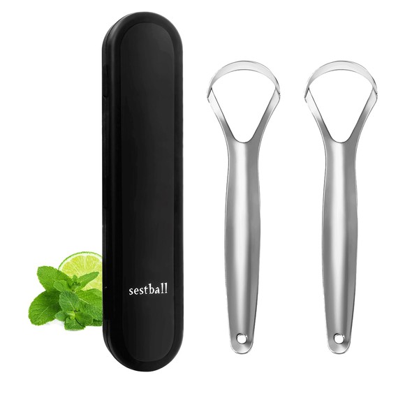 Sestball 2 Pack Tongue Scraper Cleaner for Adults & Kids, Medical Grade Metal Tongue Scrapers with Travel Case, Wide-Head Tongue Cleaners Set for Fresh Breath Dental Eliminate Bad Breath in Seconds