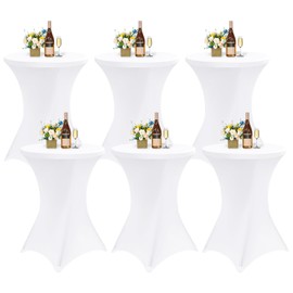 Showgeous 6 Pack Cocktail Table Covers White, 32x43 Inch Cocktail Fitted Tablecloths, Round High Top Table Spandex Stretch Square Corners Tablecloth for Party Banquet Wedding Bar