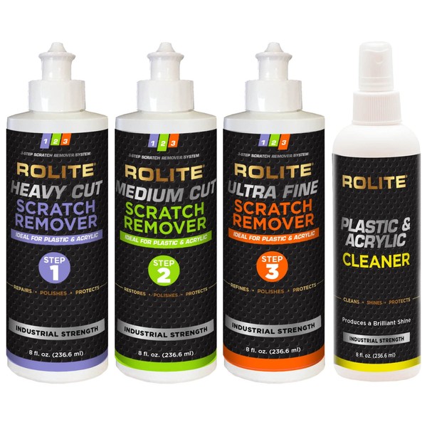 Rolite - RSR4STEP8zCP 's 4 Step Scratch Removal System for Plastic & Acrylic (8 fl. oz.) with Cleaner, Heavy Cut, Medium Cut and Ultra Fine Combo Pack