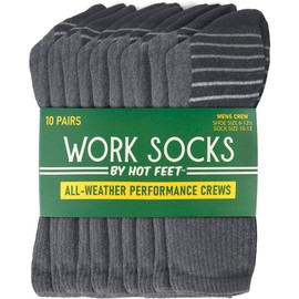 HOT FEET Work Socks for Men, Long All Weather Boot Crew Cotton Socks, Cushioned, Moisture Wicking, 10 Pack, Size 6–12.5, 10 Pack, Size 6-12.5, Dark Grey