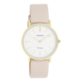Oozoo Vintage Women's Watch with Leather Strap Flat 32 mm, Gold/Beige/White, Strap.