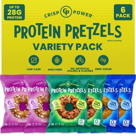 CRISP POWER High Protein Pretzels, Variety Pack With Sea Salt, Sesame, & Everything, 28g Plant-Based Protein Per Bag, Low Carb, Crunchy, No Added Sugar, Keto-Friendly Vegan Snack, 1.75 oz, 6 Pack