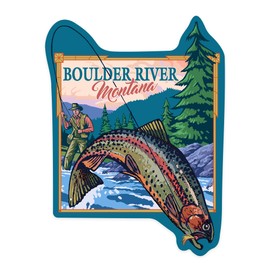 Die Cut Sticker Boulder River, Montana, Fly Fishing Scene, Contour Vinyl Sticker 1 to 3 inches (Waterproof Decal for Cars, Water Bottles, Laptops, Coolers), Small