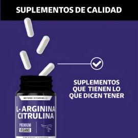 L-arginina 1000mg + Citrulina + Beta Alanina + Cafeína (de Guaraná) | Aminoácido Esencial + Citrulina Como Precursor De Óxido Nítrico - 60 Cápsulas