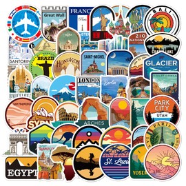 Travel Stickers, 50 PCS World Famous Tourism Country Map Decals for Laptop, Skateboard, Journaling, Scrapbooking, Water Bottle, Bumper, Waterproof Tourist Wonders Outdoor Sticker for Adults Girls Boys
