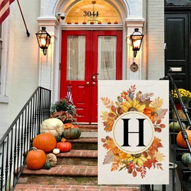 CROWNED BEAUTY Fall Monogram Letter H Garden Flag Sunflower Pumpkin Leaves 12x18 Inch Double Sided Outside Small Burlap Family Last Name Initial Yard Decoration CF987-12