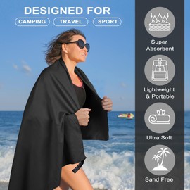 Vivva Microfibre Towel Travel，Camping Towels Set of 3, Quick Drying Bath Towels, Sports Fitness Reversible Fleece Quick Drying Towels for Gym, Pool, Yoga, Beach, Outdoor Travel (Black)
