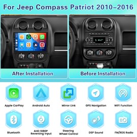 2+64G Android Car Stereo for Jeep Compass Patriot 2010-2016 Wireless Carplay Android Auto, 10.1 Inch Touch Screen Car Radio GPS WiFi Bluetooth Audio Receiver FM RDS SWC Mic Backup Camera