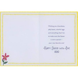 Designer Greetings Brown Basket, 3 Cute Eggs, Flowers and Smiling Jelly Beans Juvenile Easter Card for Great-Granddaughter